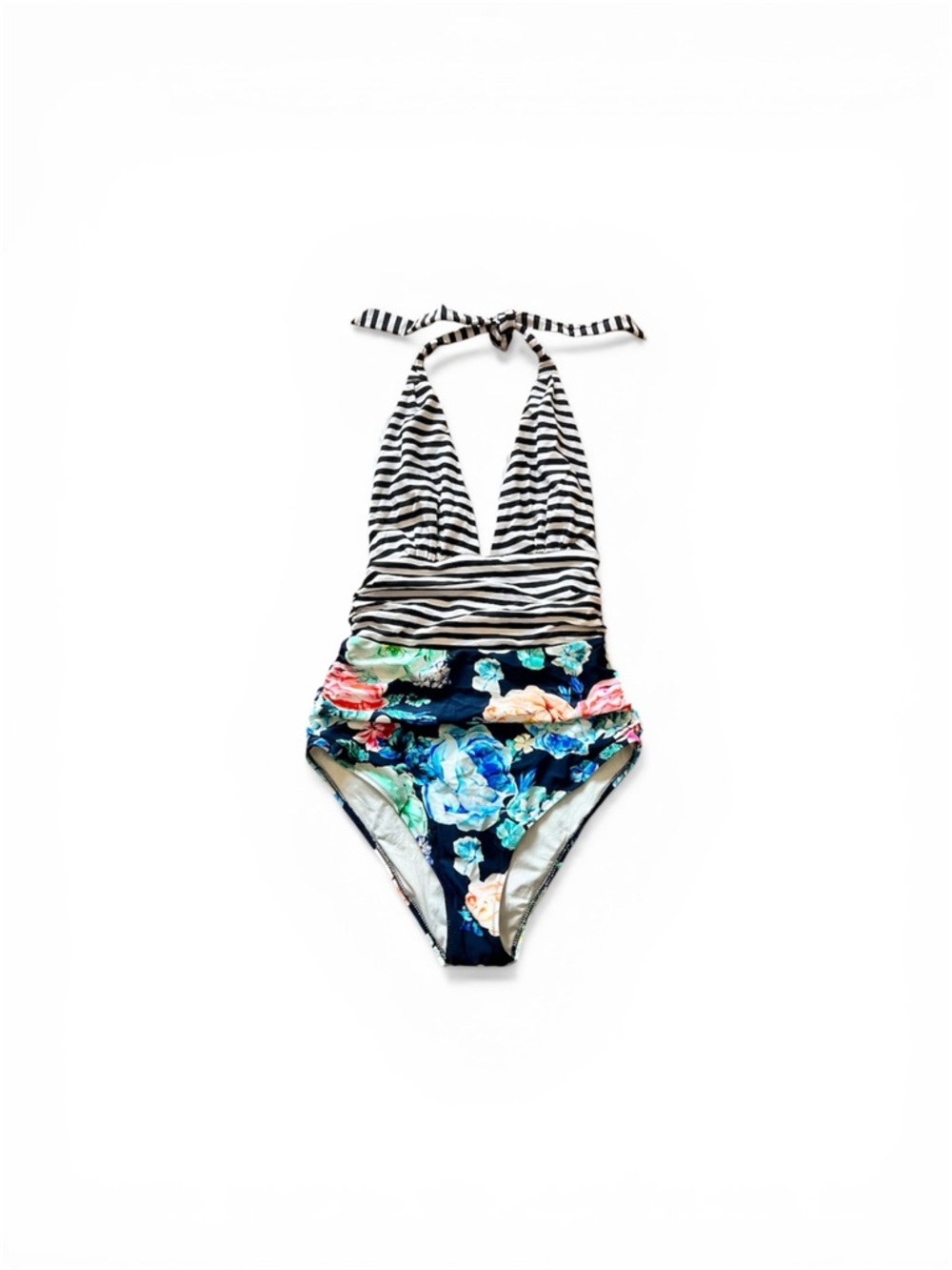 Woman’s Black & White Stripe Halter Floral One-Piece Swimsuit